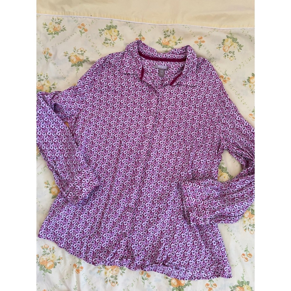 White Stag Women XL Purple Floral Ditsy Print Roll Tab Sleeve Button Down Shirt